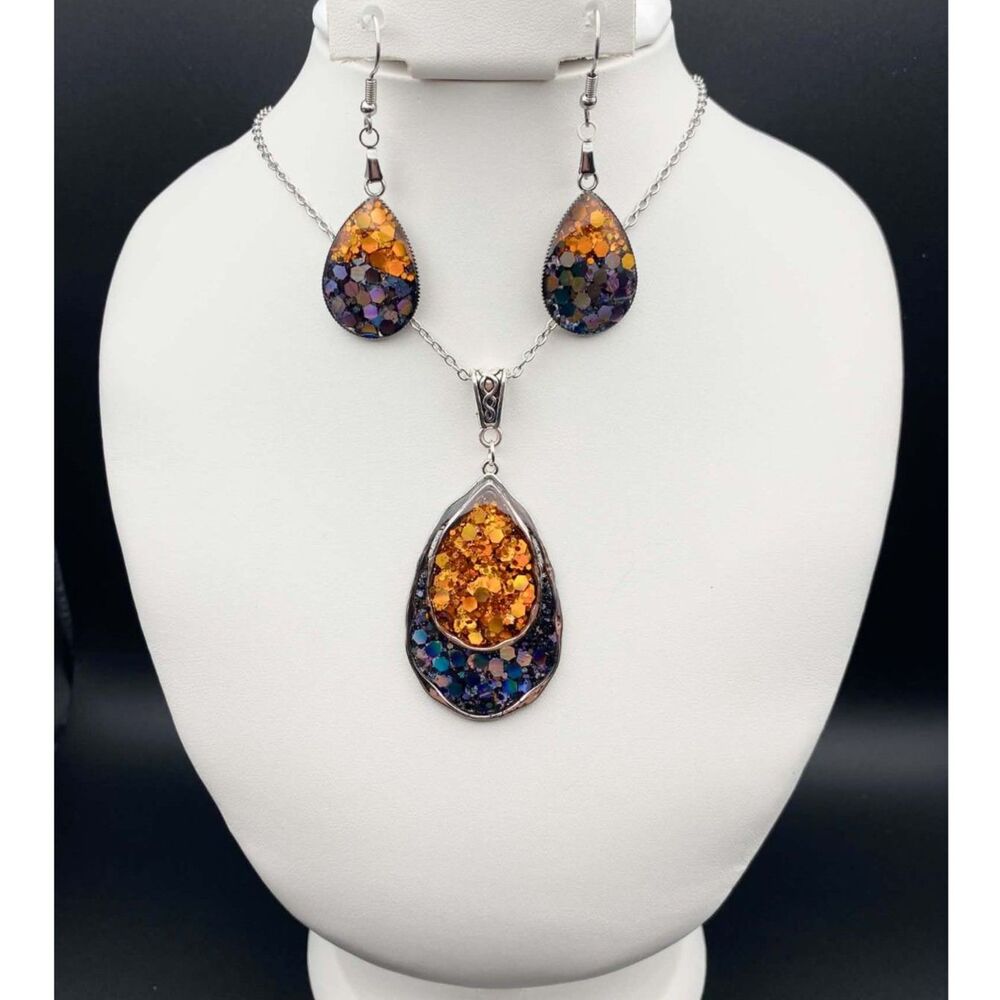 Halloween Orange & Black Iridescent Glitter Resin Jewelry Set